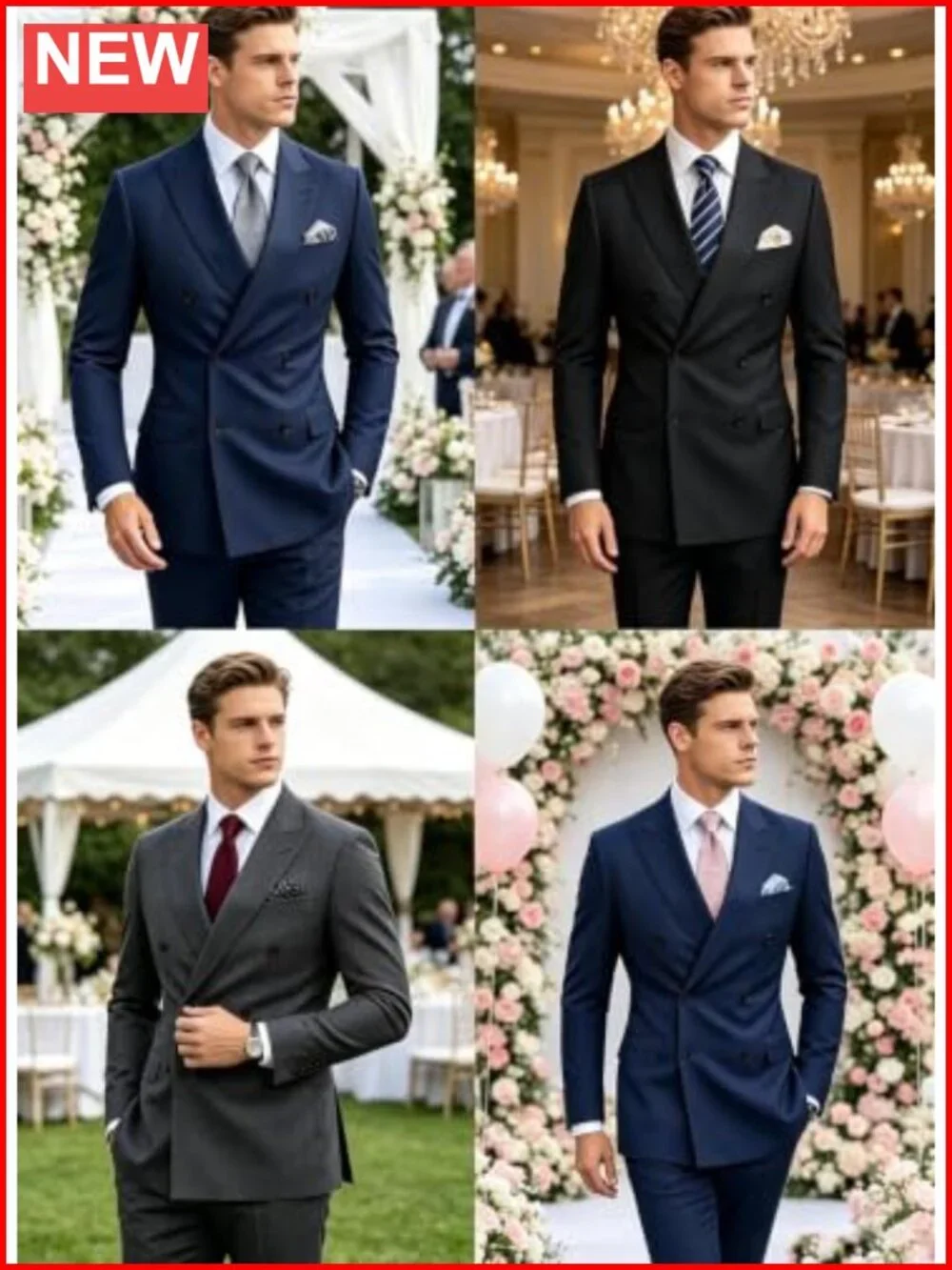 Men's 2 Piece Double Breasted Suit Set Slim Fit Blazer & Pants Formal